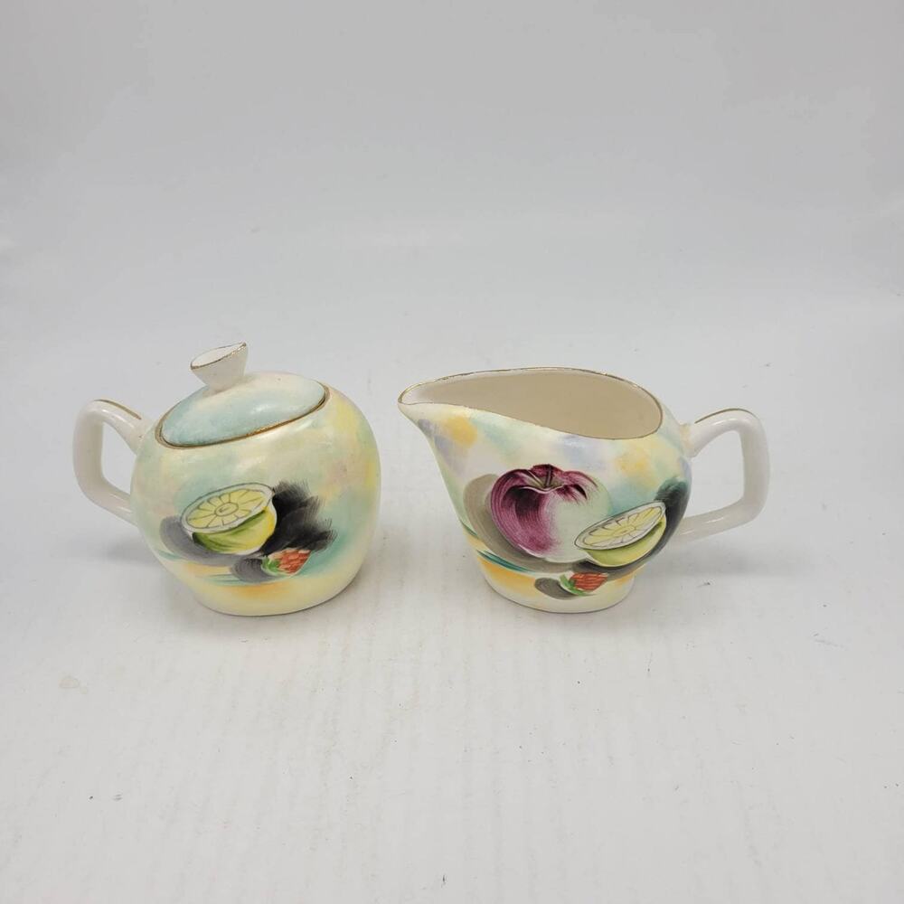 Vintage Japan Art Deco Hand Painted Fruit Ceramic Sugar Bowl Creamer Set
